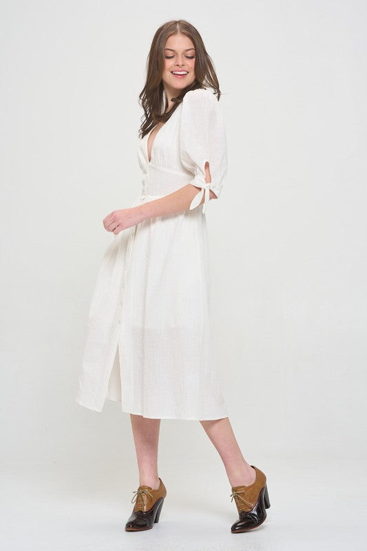 Women Plus Puff Sleeves Lined Textured Button Down Midi Dress Zarnesh