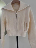 Women Pockets Ribbed Cuffs Hem Zipper Lapel Collar Sweater Zarnesh