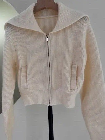 Women Pockets Ribbed Cuffs Hem Zipper High Collar Sweater Zarnesh