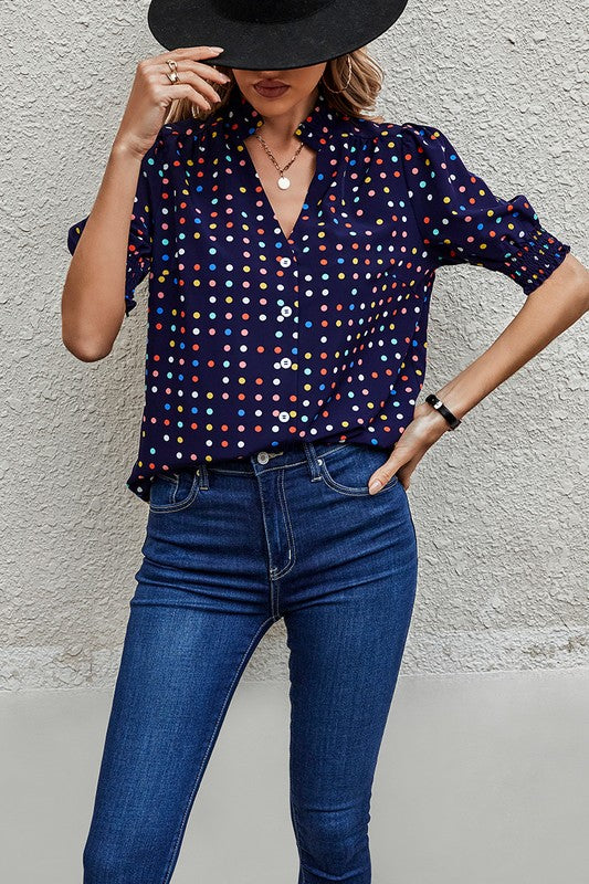 Women’s Stylish Polka Dot Print Puff Sleeve Loose Shirt | Zarnesh