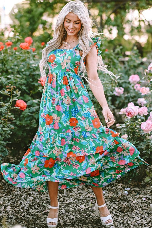 Women Print Sleeveless Ruffle Shoulder Strap Tiered Maxi Dress Zarnesh