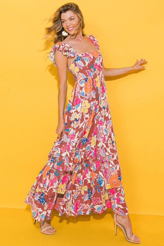 Women Print Sleeveless Ruffle Shoulder Strap Tiered Maxi Dress Zarnesh