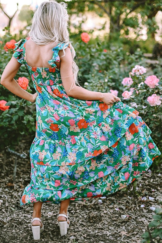 Women Print Sleeveless Ruffle Shoulder Strap Tiered Maxi Dress Zarnesh