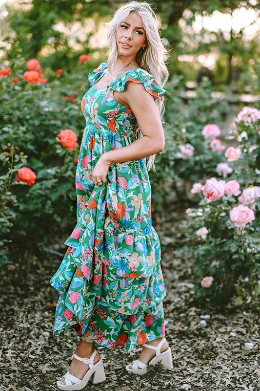 Women Print Sleeveless Ruffle Shoulder Strap Tiered Maxi Dress Zarnesh