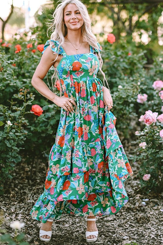 Women Print Sleeveless Ruffle Shoulder Strap Tiered Maxi Dress Zarnesh