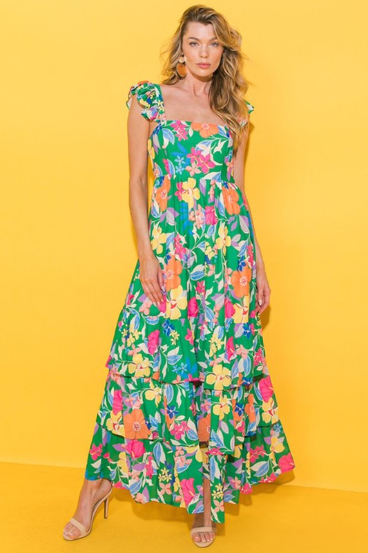 Women Print Sleeveless Ruffle Shoulder Strap Tiered Maxi Dress Zarnesh