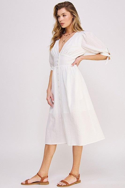 Women Puff Sleeve Lined Tie Elastic Button Down Midi Dress Zarnesh