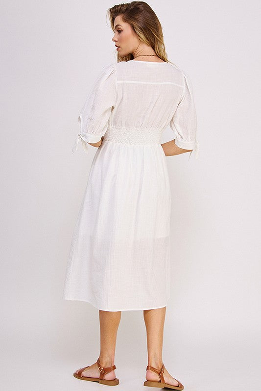 Women Puff Sleeve Lined Tie Elastic Button Down Midi Dress Zarnesh