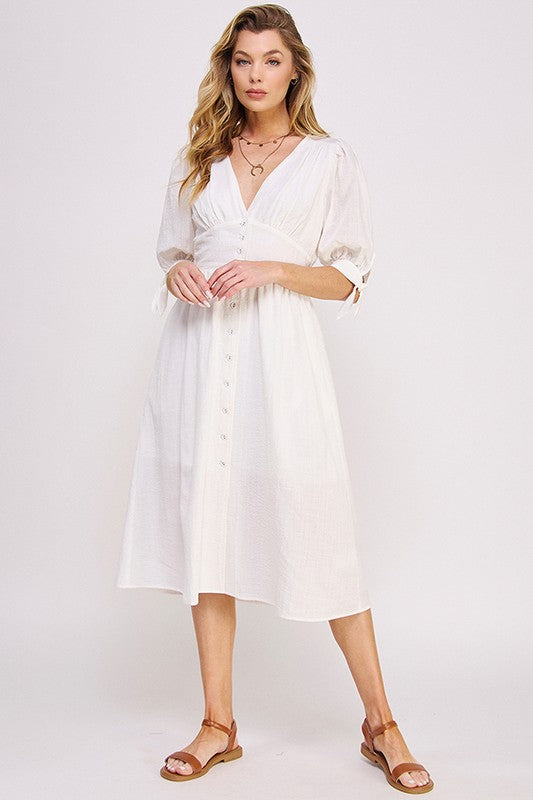 Women Puff Sleeve Lined Tie Elastic Button Down Midi Dress Zarnesh