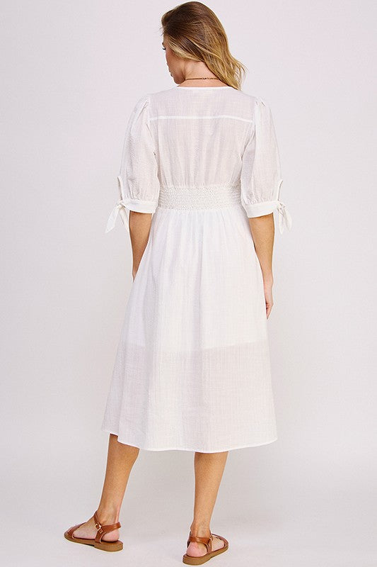 Women Puff Sleeve Lined Tie Elastic Button Down Midi Dress Zarnesh