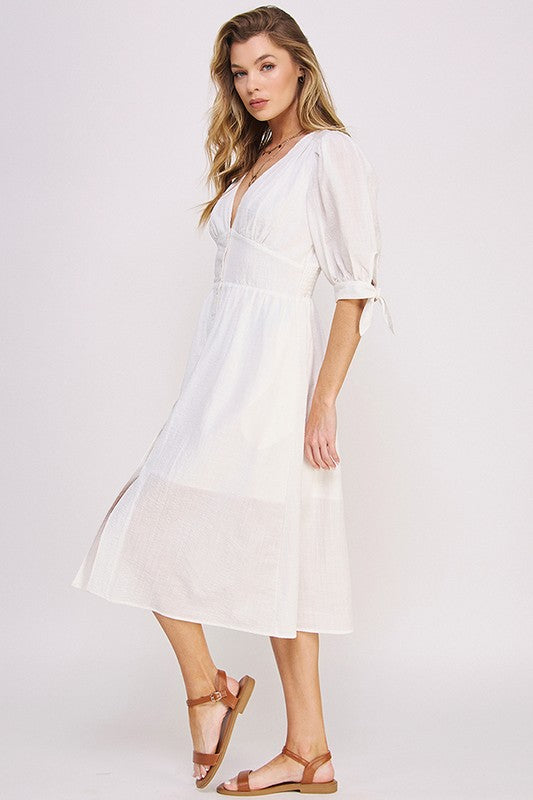 Women Puff Sleeve Lined Tie Elastic Button Down Midi Dress Zarnesh