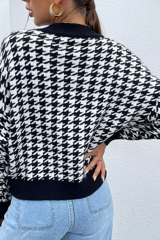 Women Pull Over Black Houndstooth Pattern Drop Shoulder Sweater Zarnesh