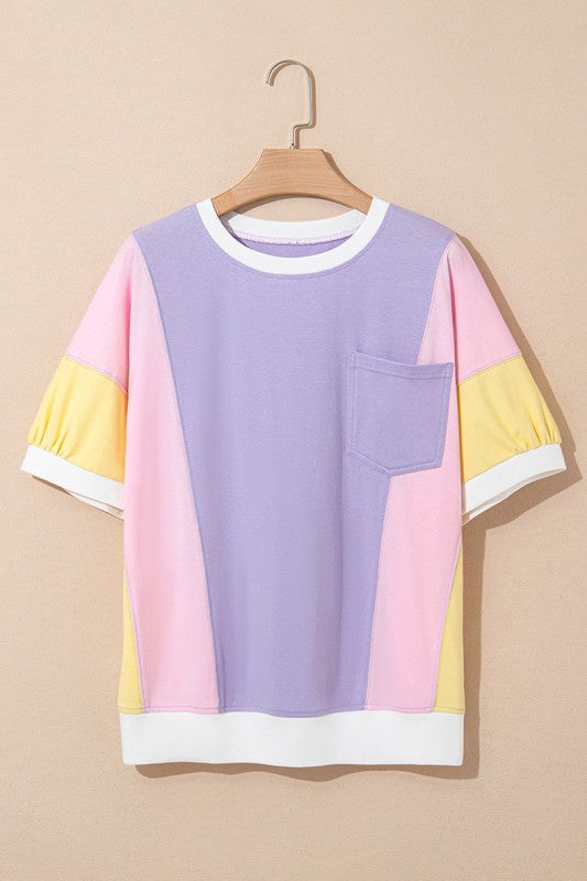 Women Color Block Patchwork Half Sleeve Pocketed Top Zarnesh