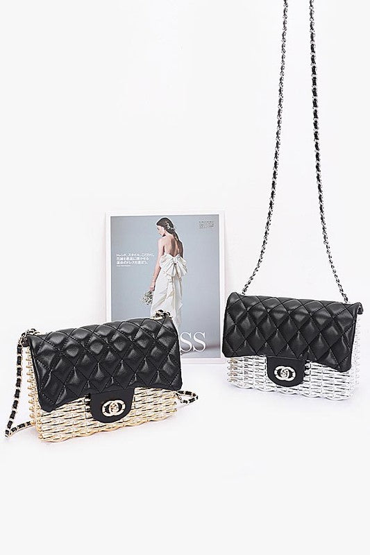 Women Quilted Flap Acrylic Metal Rattan Woven Shoulder Bag Zarnesh