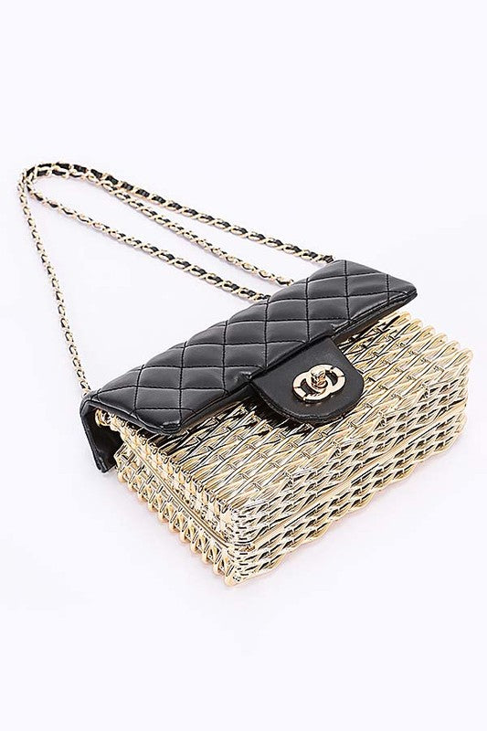Women Quilted Flap Acrylic Metal Rattan Woven Shoulder Bag Zarnesh