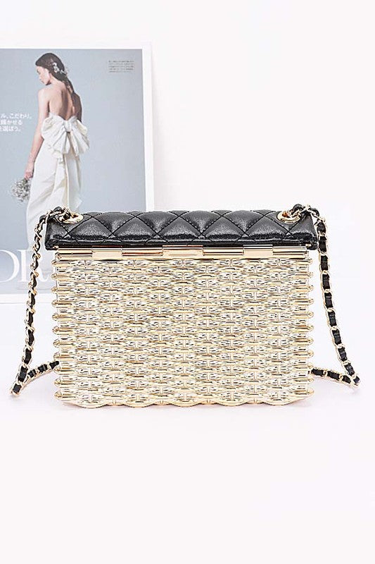 Women Quilted Flap Acrylic Metal Rattan Woven Shoulder Bag Zarnesh
