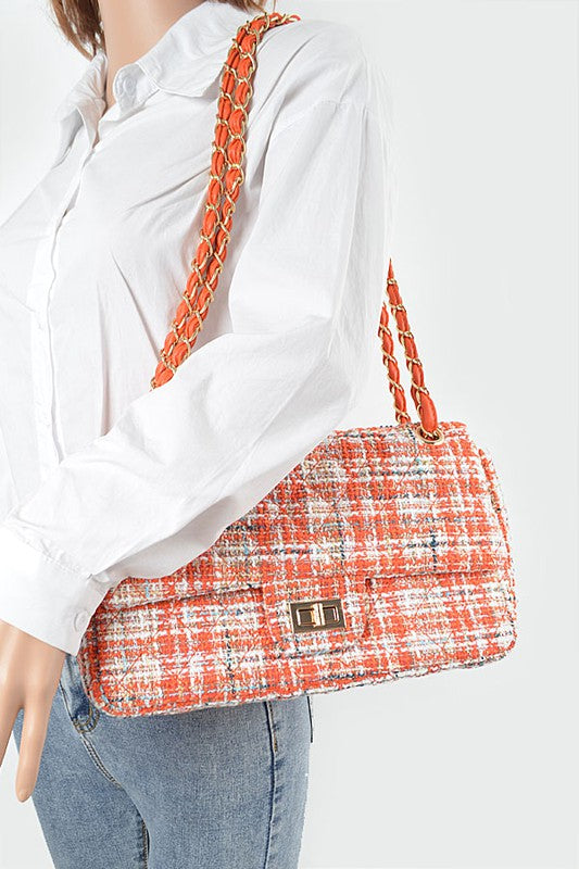 Women Quilted Tweed Secure Closure Convertible Shoulder Bag Zarnesh