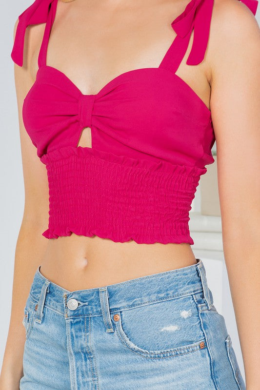 Women Cut Out Tie Shoulder Smocked Waist Cropped Top Zarnesh