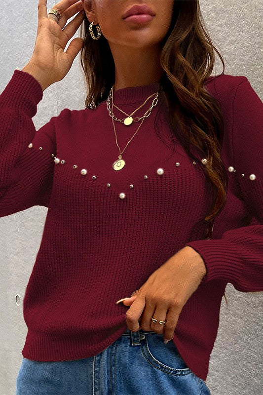 Women Red Stand Collar Essence Pearls Beaded Sweater Zarnesh