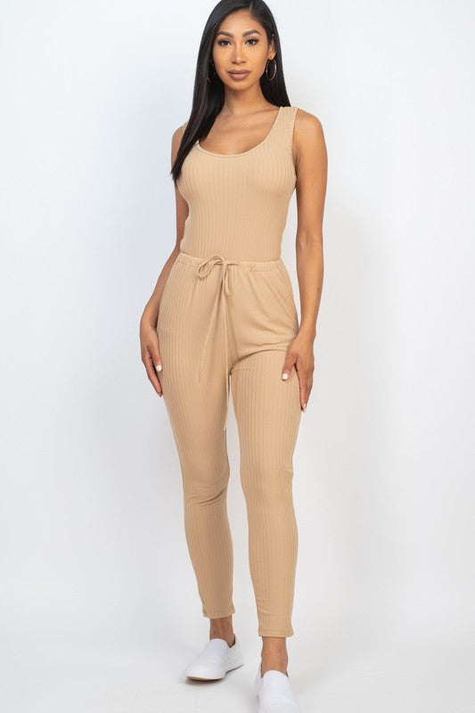 Women Ribbed Sleeveless Drawstring Catsuits Bodycon Jumpsuit Zarnesh