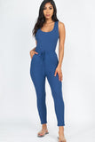 Women Ribbed Sleeveless Drawstring Catsuits Bodycon Jumpsuit Zarnesh