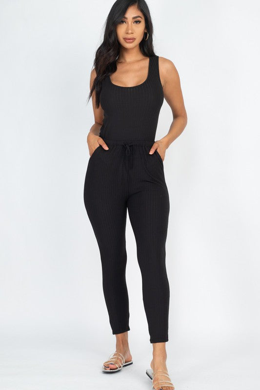 Women Ribbed Sleeveless Drawstring Catsuits Bodycon Jumpsuit Zarnesh