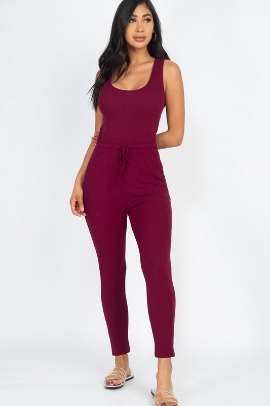 Women Ribbed Sleeveless Drawstring Catsuits Bodycon Jumpsuit Zarnesh