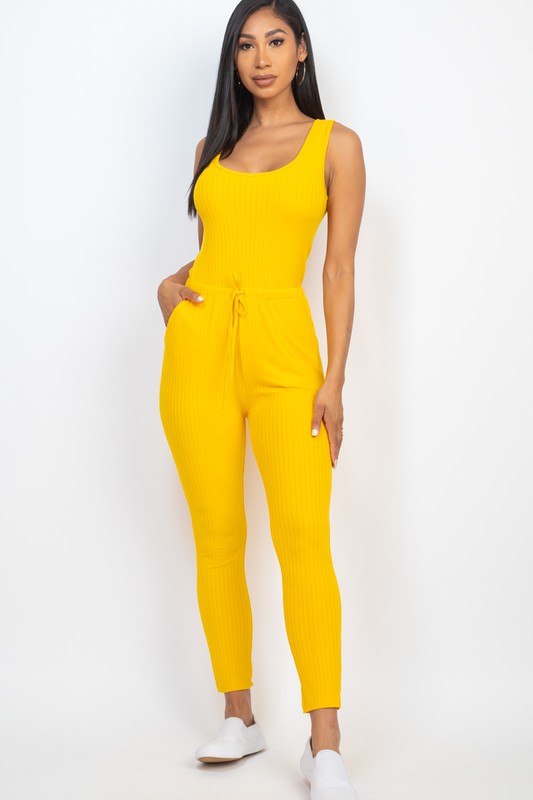 Women Ribbed Sleeveless Drawstring Catsuits Bodycon Jumpsuit Zarnesh