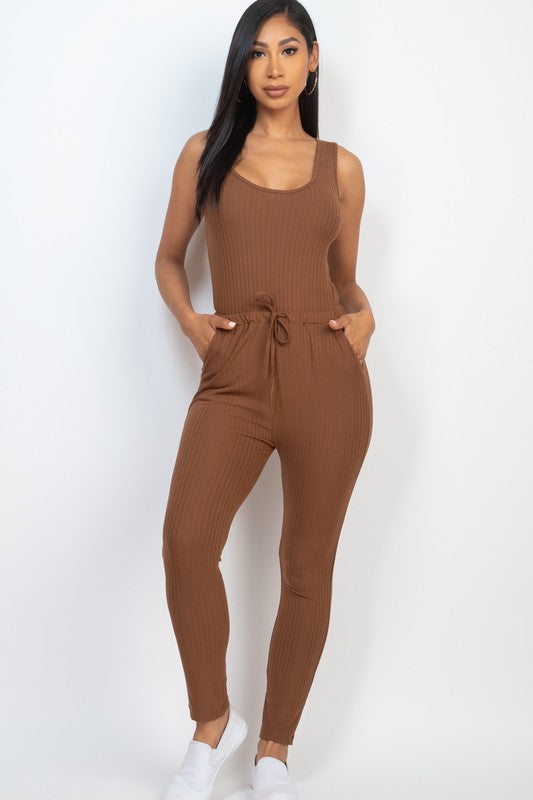 Women Ribbed Sleeveless Drawstring Catsuits Bodycon Jumpsuit Zarnesh