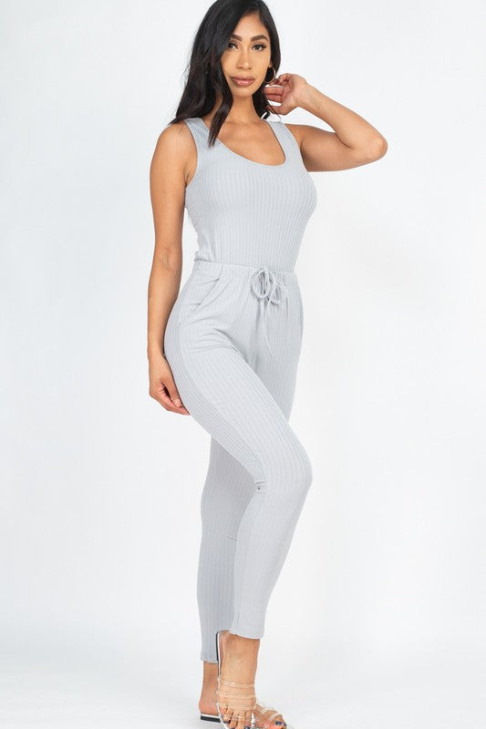 Women Ribbed Sleeveless Drawstring Catsuits Bodycon Jumpsuit Zarnesh