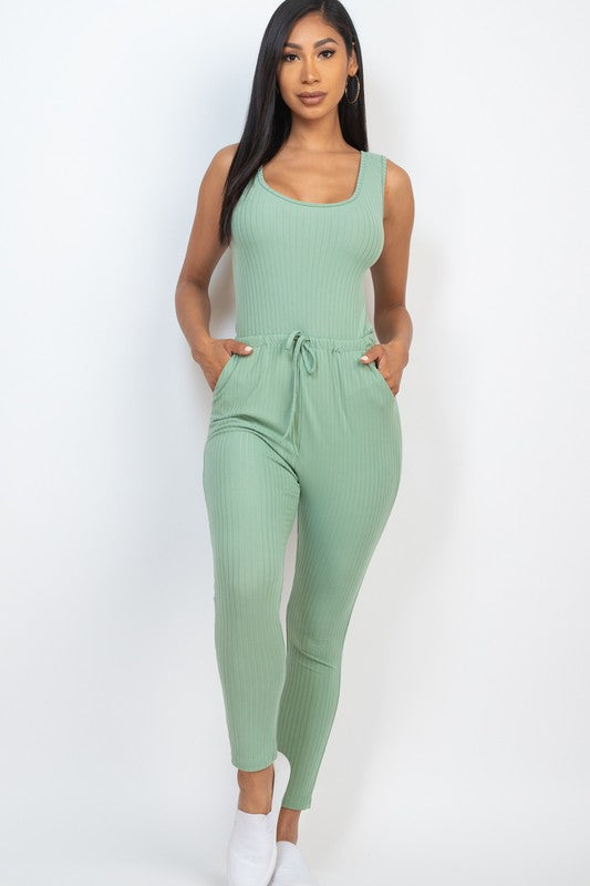 Women Ribbed Sleeveless Drawstring Catsuits Bodycon Jumpsuit Zarnesh
