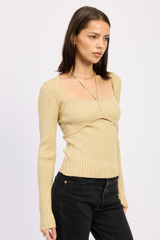 Women’s Ribbed Squared Neck Knit Top with Cut Out Detail | Zarnesh