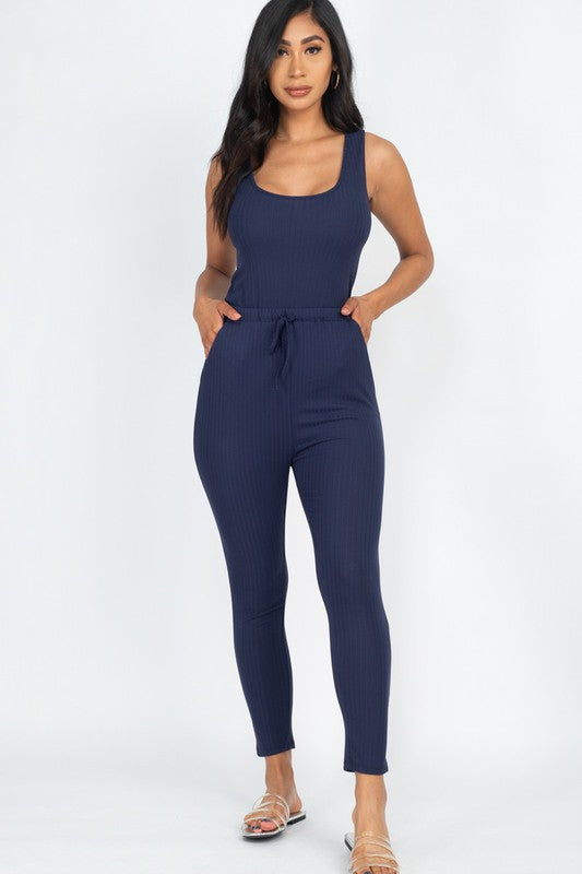 Women Ribbed Sleeveless Drawstring Catsuits Bodycon Jumpsuit Zarnesh