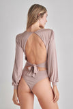 Women Romantic V Neck Balloon Sleeve Tie Back Bodysuit Zarnesh