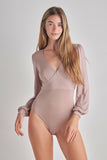 Women Romantic V Neck Balloon Sleeve Tie Back Bodysuit Zarnesh