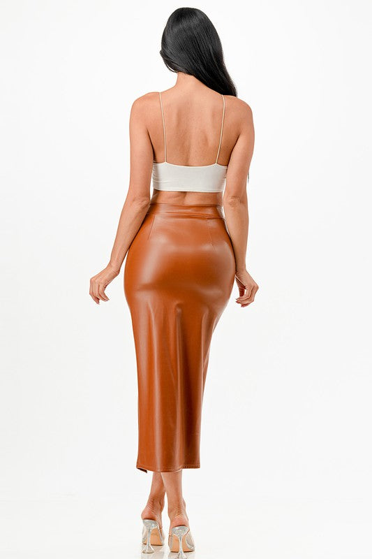 Women High Waisted Open Slit Full Cut PU Leather Pencil Skirt Zarnesh