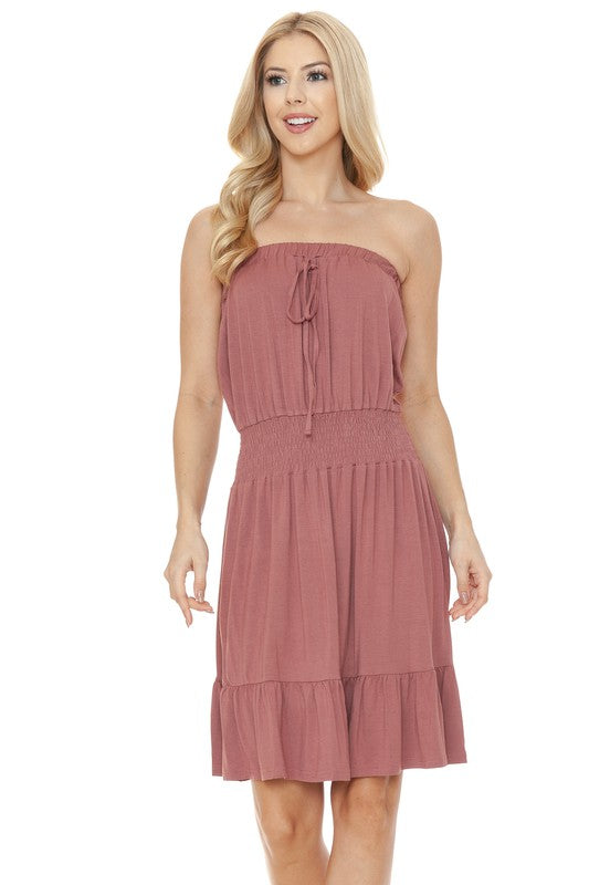Women Smocked Knee Length Strapless Fitted Tube Midi Dress Zarnesh