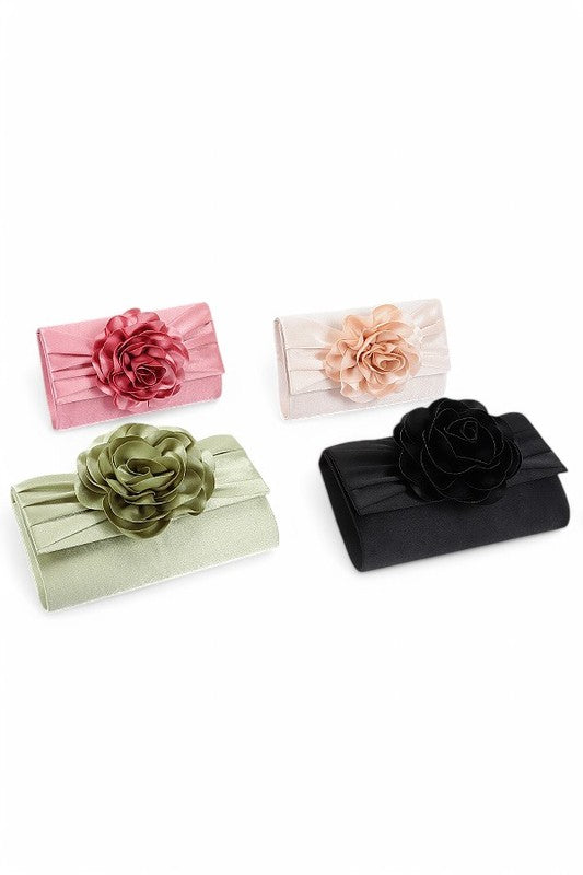 Women Satin Flower Pleated Flap Closure Clutch Bag | Zarnesh