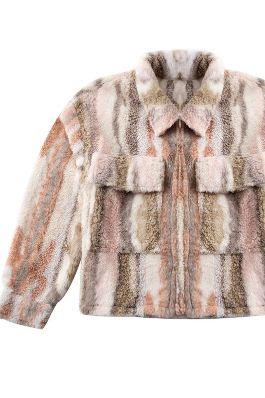 Women's Sherpa Marble Printed Front Patch Pockets Jacket | Zarnesh