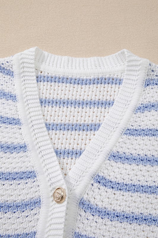 Women's Sky Blue Striped V Neck Button Knit Vest | Zarnesh