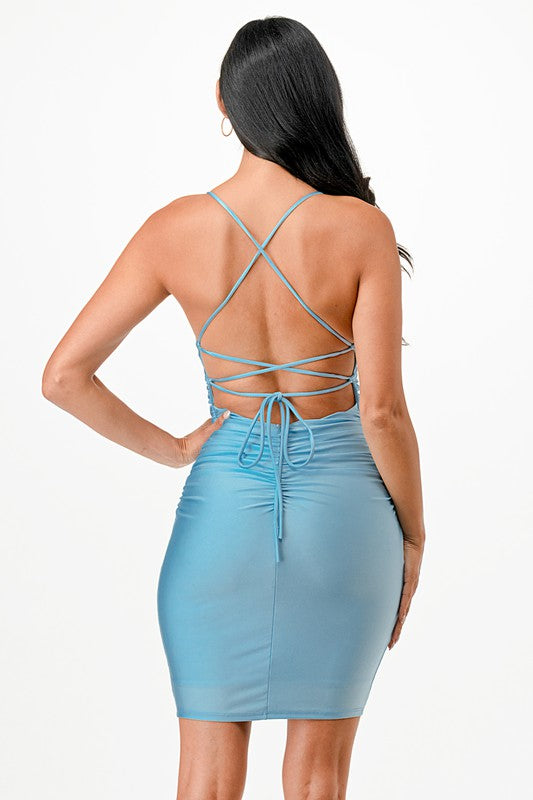 Women Sleek Back Lace Up Short Dress with Waist Shirring Zarnesh