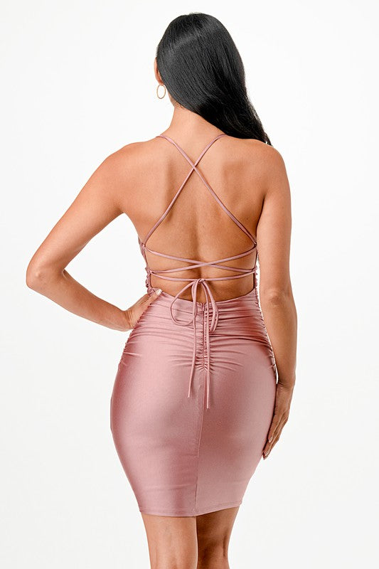 Women Sleek Back Lace Up Short Dress with Waist Shirring Zarnesh