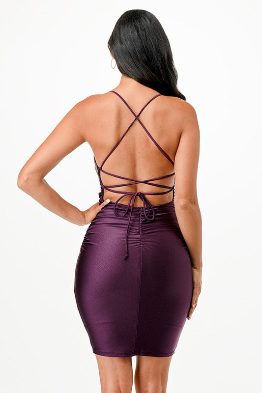 Women Sleek Back Lace Up Short Dress with Waist Shirring Zarnesh