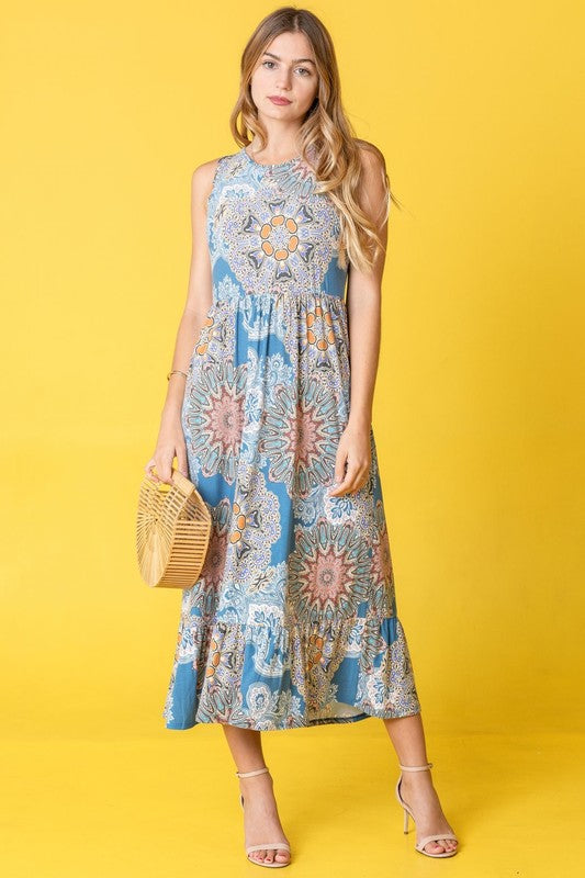 Women Sleeveless Ruffled Hem Hidden Pockets Tea Length Dress Zarnesh