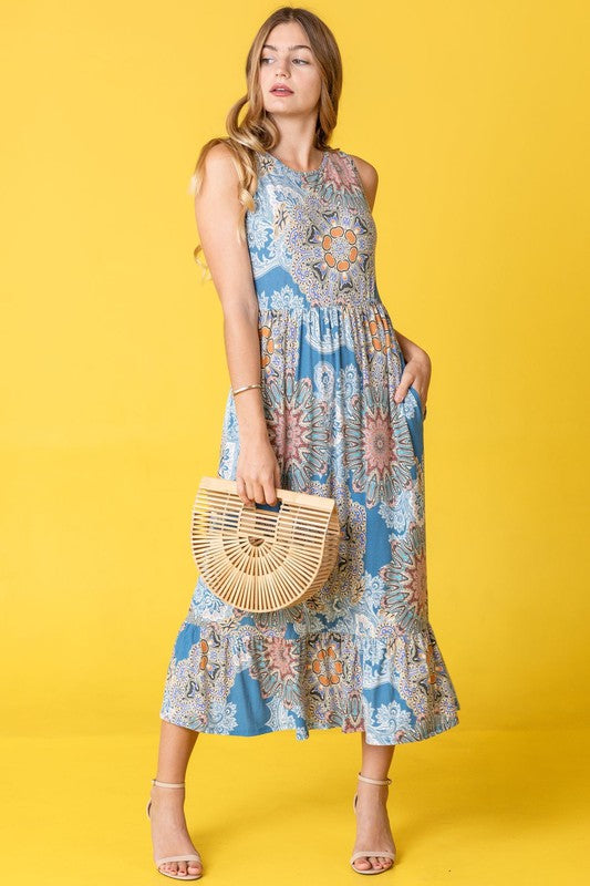 Women Sleeveless Ruffled Hem Hidden Pockets Tea Length Dress Zarnesh