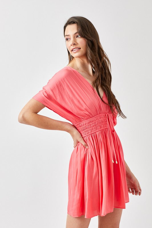 Women Smocked Waist V Neckline Short Sleeve Tassel Strap Dress Zarnesh