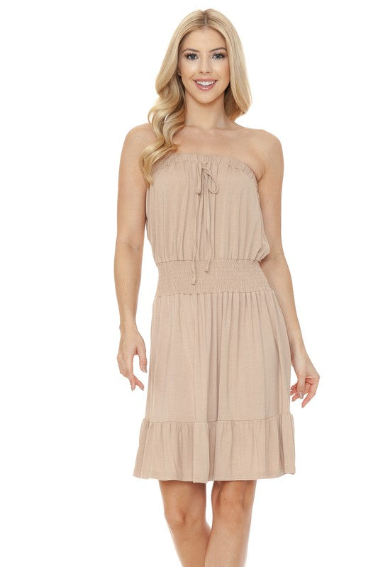 Women Smocked Knee Length Strapless Fitted Tube Midi Dress Zarnesh