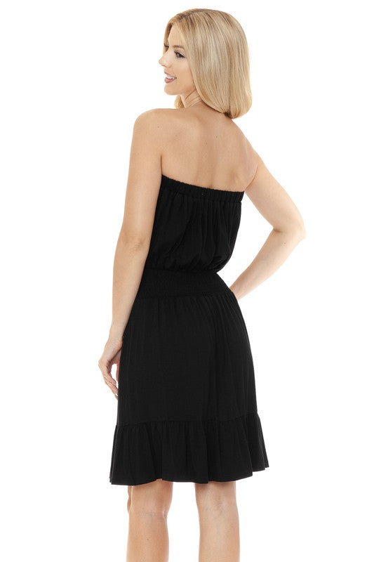 Women Smocked Knee Length Strapless Fitted Tube Midi Dress Zarnesh