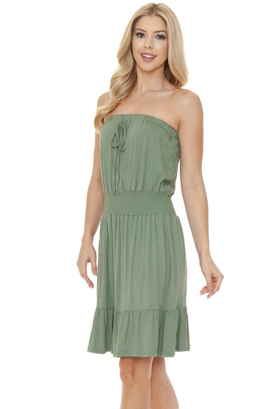 Women Smocked Knee Length Strapless Fitted Tube Midi Dress Zarnesh