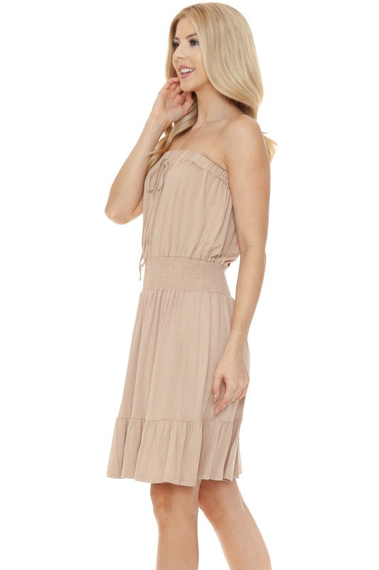 Women Smocked Knee Length Strapless Fitted Tube Midi Dress Zarnesh